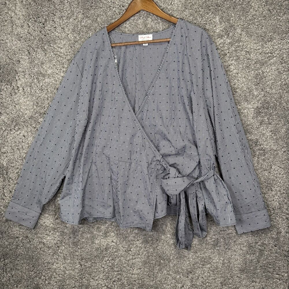 Marilyn Monroe Gingham Wrap Blouse Top Blue White 3X 100% Cotton Long Sleeve